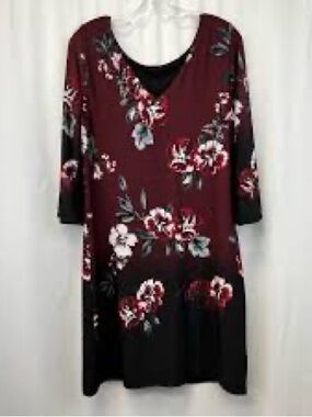 Women's Floral Scoop Neck Dress - Burgundy